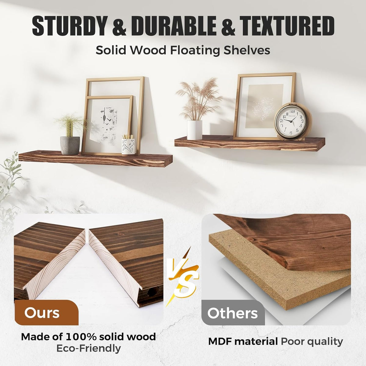Floating Wall Shelves 2-Pack - Rustic Brown 16-inch Wooden Wall Shelves for Storage and Décor