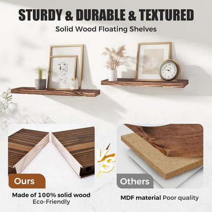 Floating Wall Shelves 2-Pack - Rustic Brown 16-inch Wooden Wall Shelves for Storage and Décor