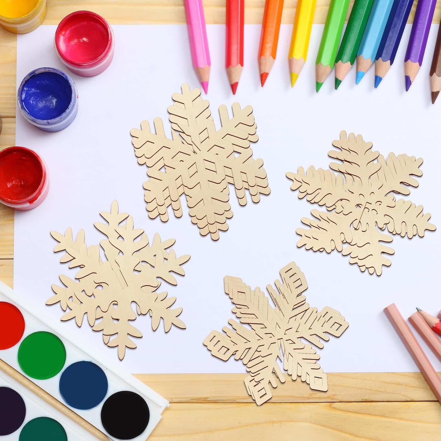 COCHIE DIY 3D Snowflake Wood Crafts to Paint for Kids Adults, Paintable Unfinished Wooden Slices