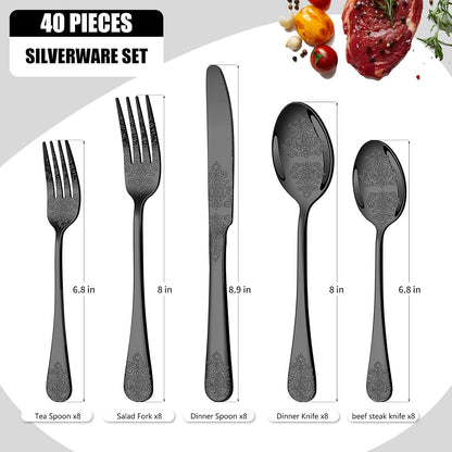 40 Pcs Black Silverware Set for 8 with Classical Flower Embossed Design, Food Grade Stainless Steel