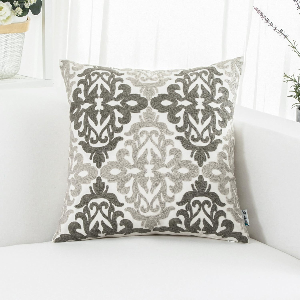HWY 50 Grey Gray Decorative Throw Pillow Covers 18x18 Inch (1 Piece), Embroidered Cotton Farmhouse
