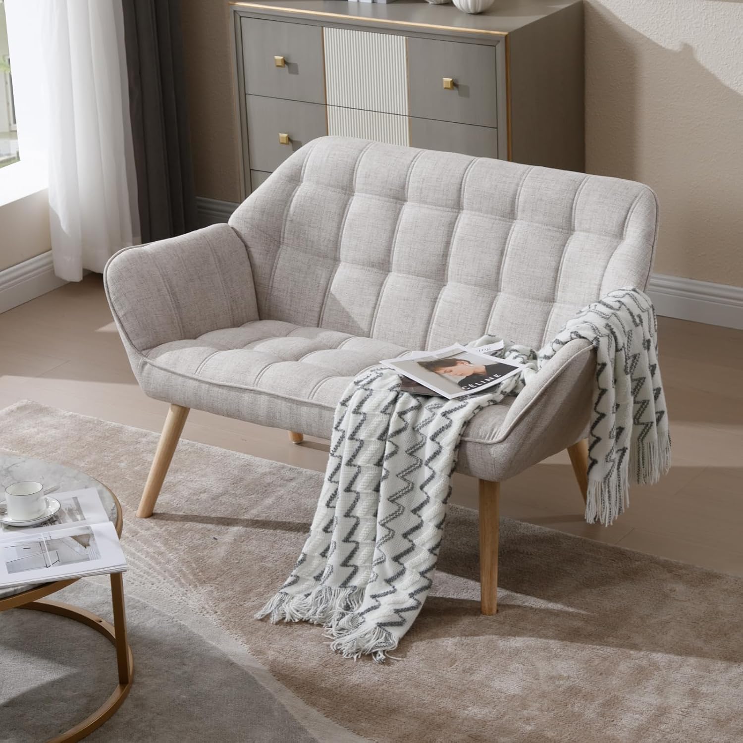 48”Small Loveseat Sofa, Modern Linen Upholstered Mini Couch 2-Seater Fluffy Love Seat with Quilting