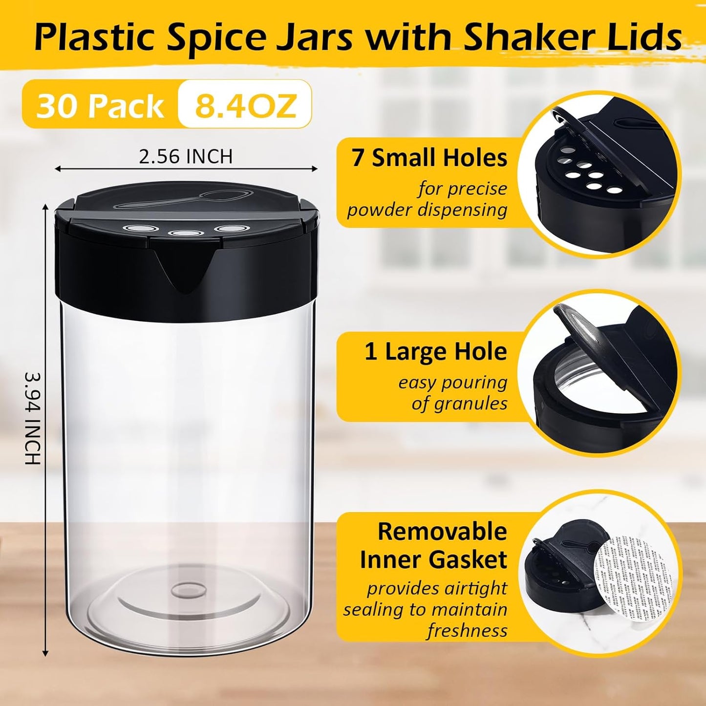 30 Pack 8.4 oz Plastic Spice Jars with Black Cap Empty Clear Plastic Spice Bottle Containers