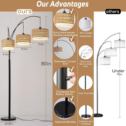 Rattan Floor Lamp for Living Room, 80 Inch Tall Boho Floor Lamp with Rotary Switch, 3 Lights Arc