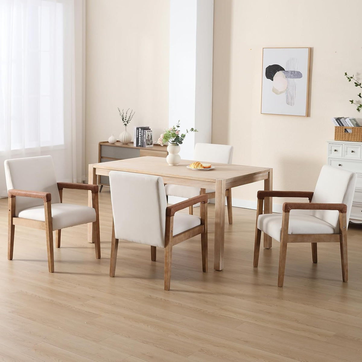 Kmax Modern Dining Chairs Set of 4 Linen Fabric Kitchen Arm Chairs Upholstered Accent Chairs with
