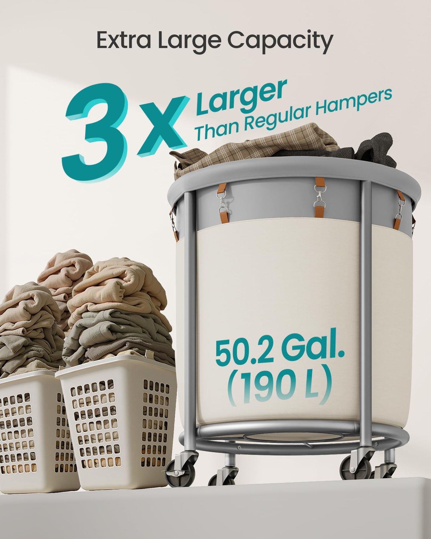 SONGMICS Laundry Basket, Rolling Steel Frame with 2 Locking Wheels, 190 L