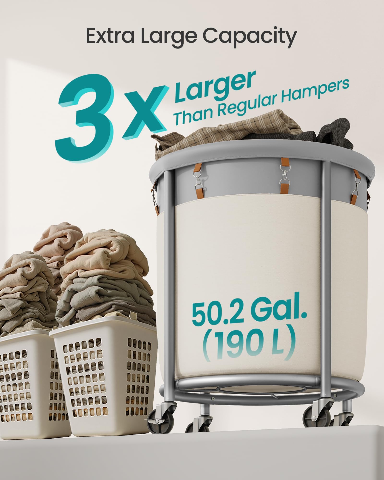 SONGMICS Laundry Basket, Rolling Steel Frame with 2 Locking Wheels, 190 L