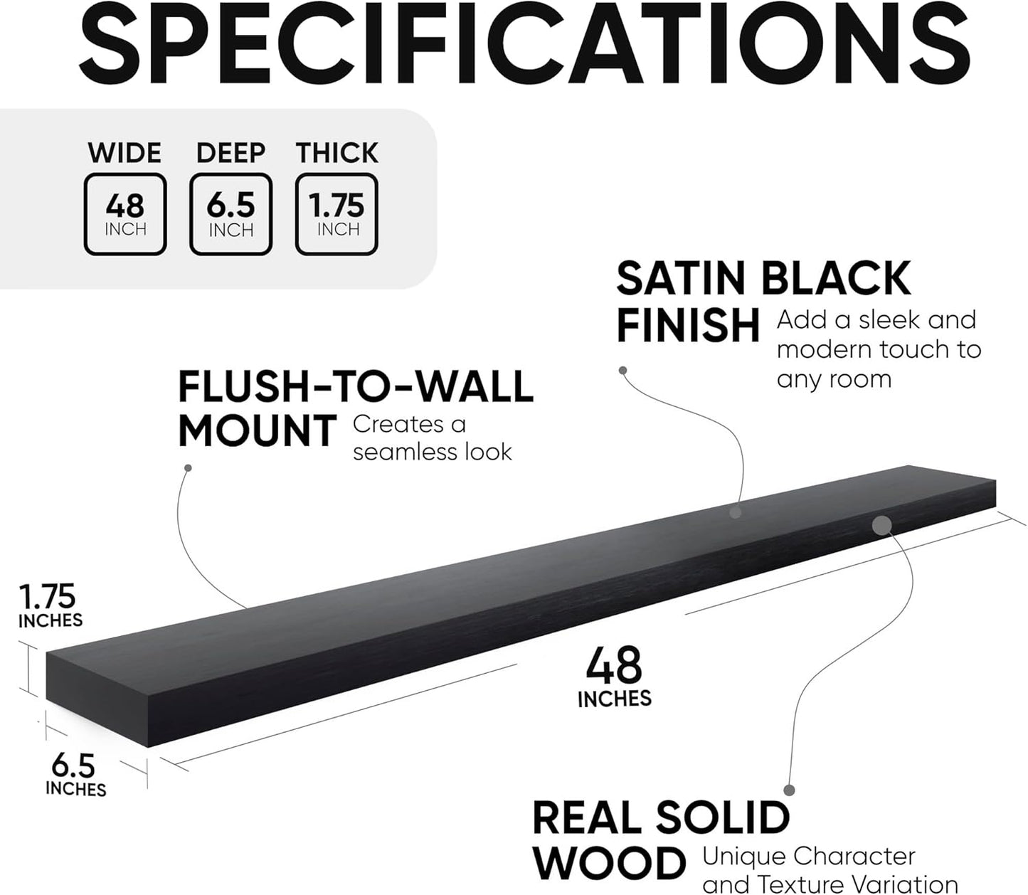 Homeforia Black Floating Shelf 48 inches, High End Solid Real Wood 48 inch Long Floating Shelves