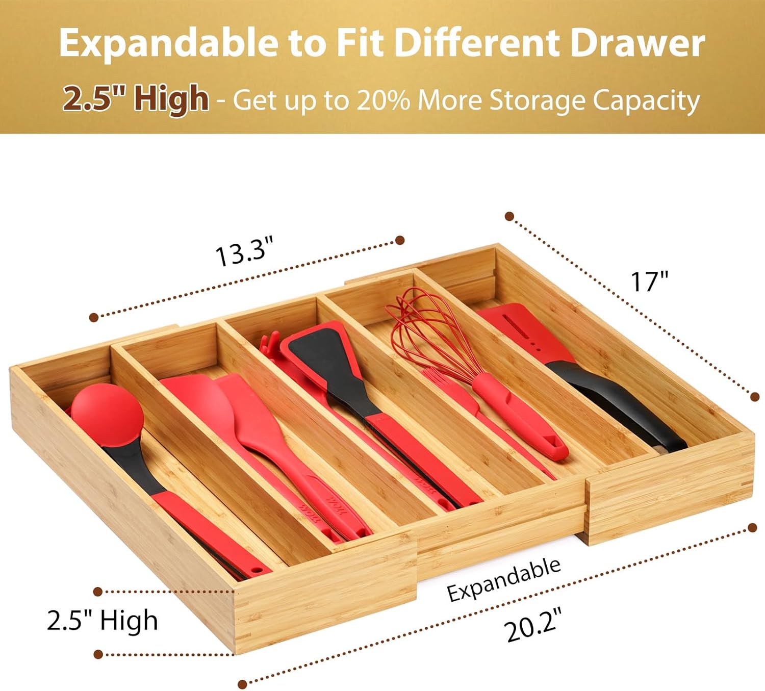 Umilife Expandable Kitchen Drawer Organizer, 2.5" High Bamboo Utensils Silverware Tray, Adjustable