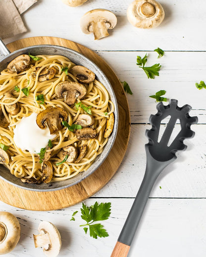 Silicone Pasta Fork, Kitchen Heat Resistant Noodle Spoon Server, BPA Free Spaghetti Strainer,12.8