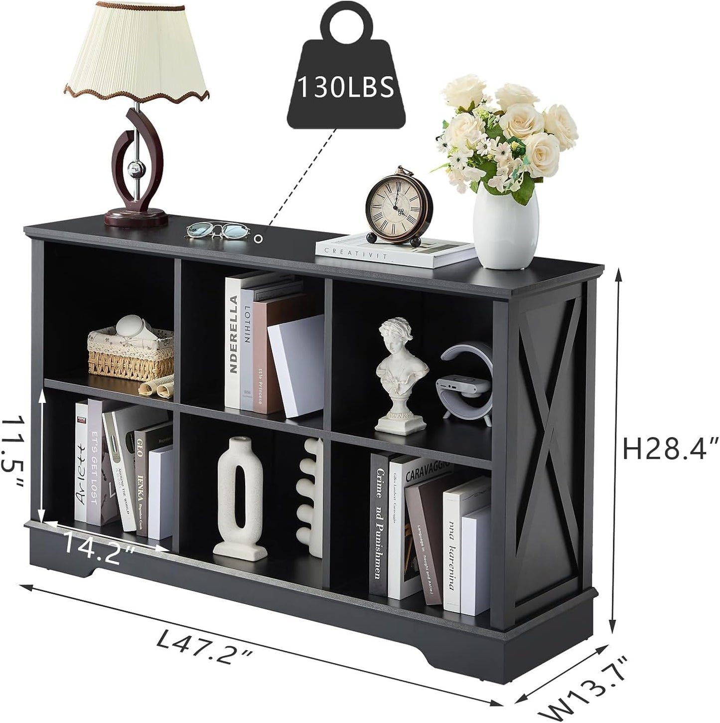 Farmhouse 6 Cube Bookshelf, Black Storage Organizer Bookcase, Kids Toy Storage Cabinet, Long