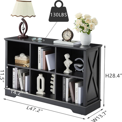 Farmhouse 6 Cube Bookshelf, Black Storage Organizer Bookcase, Kids Toy Storage Cabinet, Long