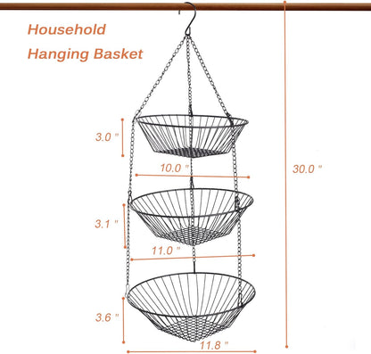 3-Tier Wire Fruit Hanging Basket 2 Packs,non-Punching Wall Hanging Storage,Kitchen Bathroom
