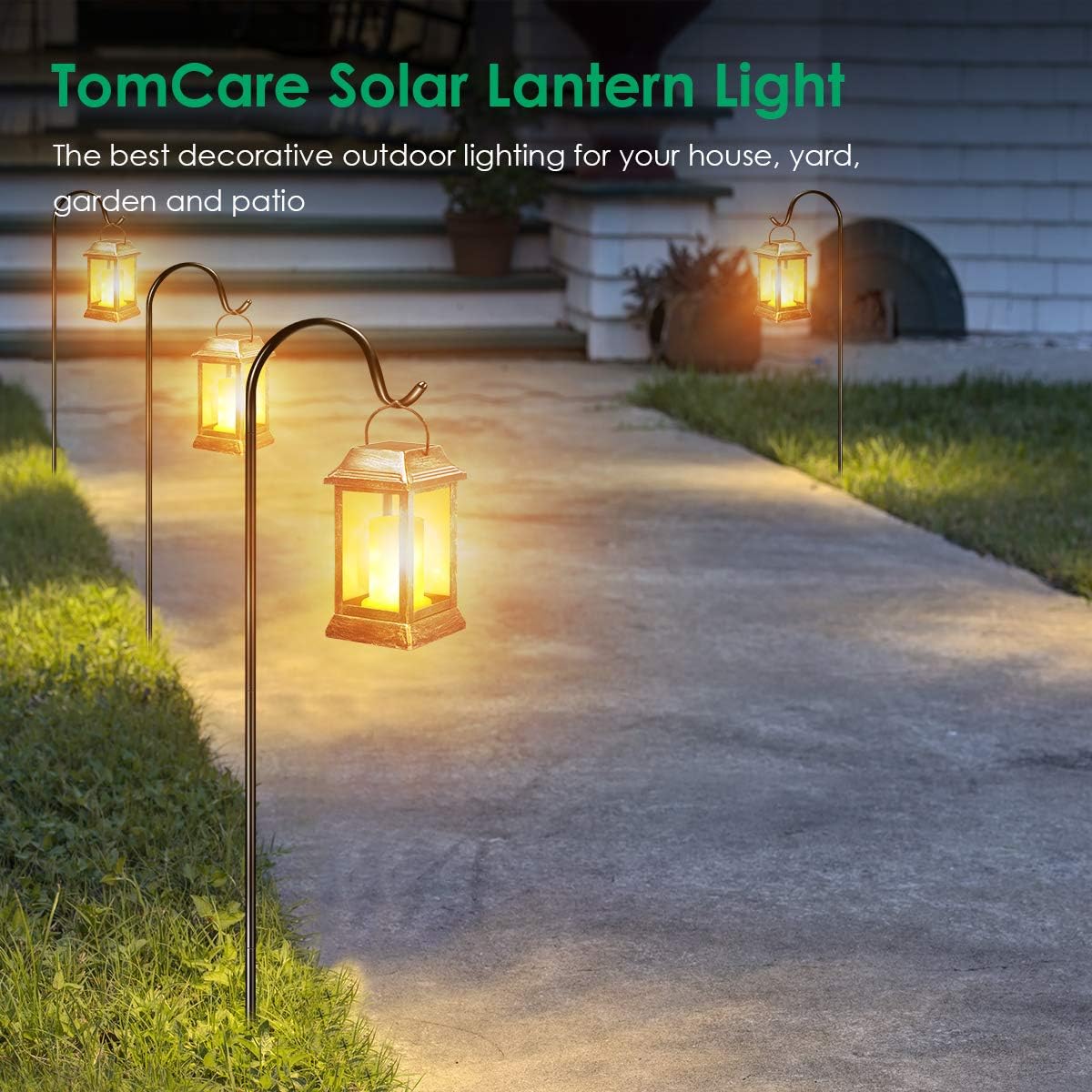 TomCare Solar Lights Metal Flickering Flame Solar Lantern Outdoor Hanging Lanterns Lighting Heavy