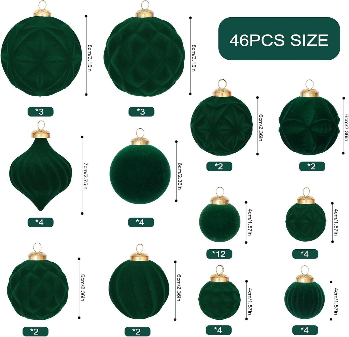 46PCS Velvet Christmas Ball Ornaments Set, Flocked Shatterproof Xmas Tree Decor, Assorted Hanging