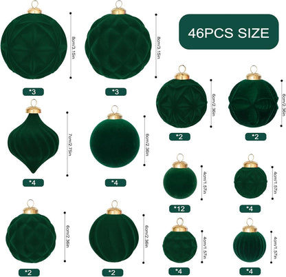 46PCS Velvet Christmas Ball Ornaments Set, Flocked Shatterproof Xmas Tree Decor, Assorted Hanging