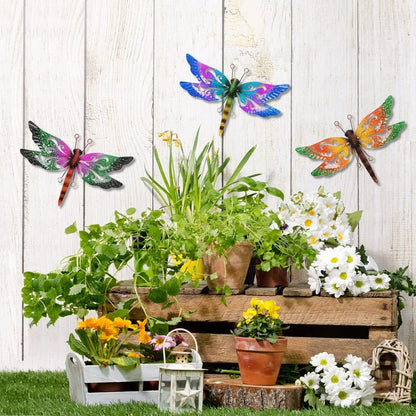 Metal Dragonfly Wall Decor, 3 Pack Colorful Dragonfly Outdoor Decor, Metal Outdoor Wall Art for