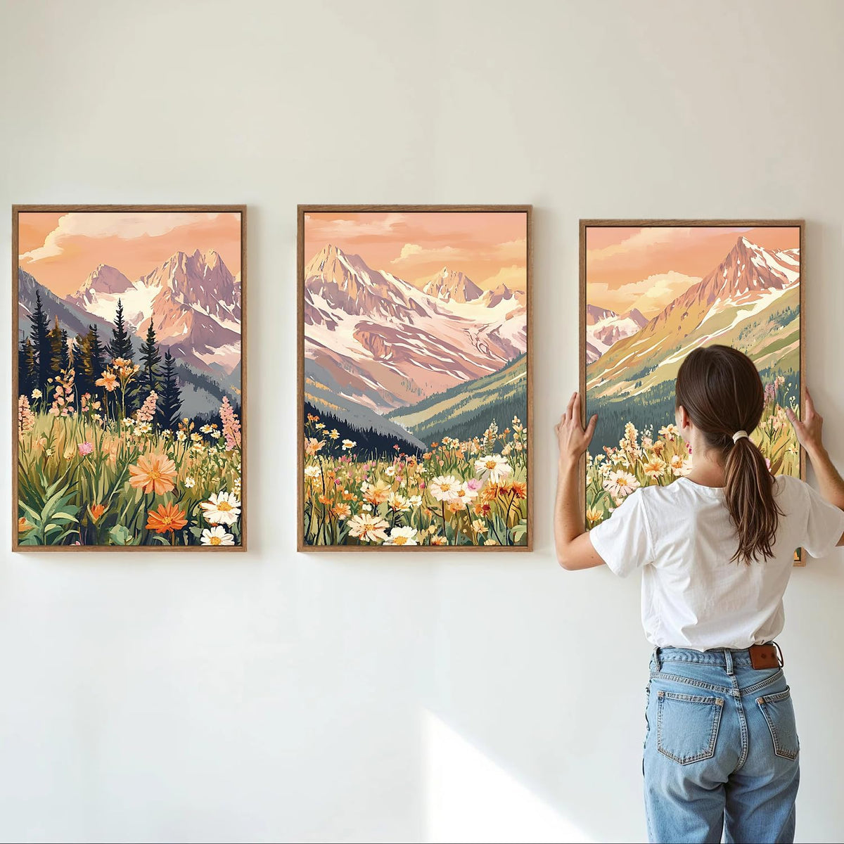 SIGNINART Vintage Floral Framed Canvas Wall Art Set, Large Mountains Nature Landscape Wall Decor