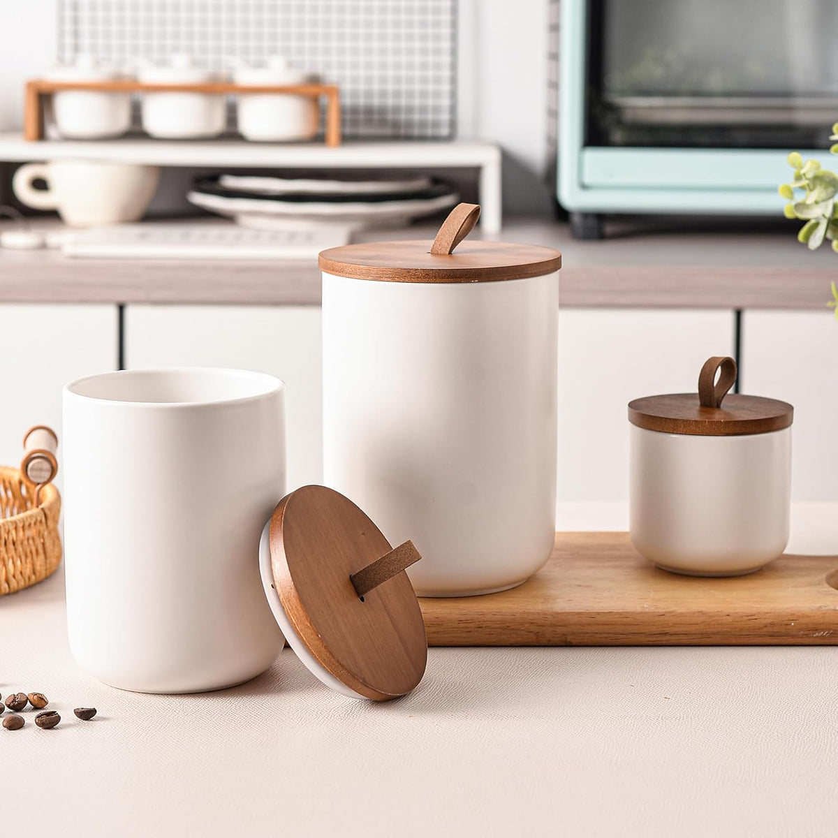 White Ceramic Canister Set with Bamboo Lids, 3-Piece Airtight Food Storage Jars for Kitchen