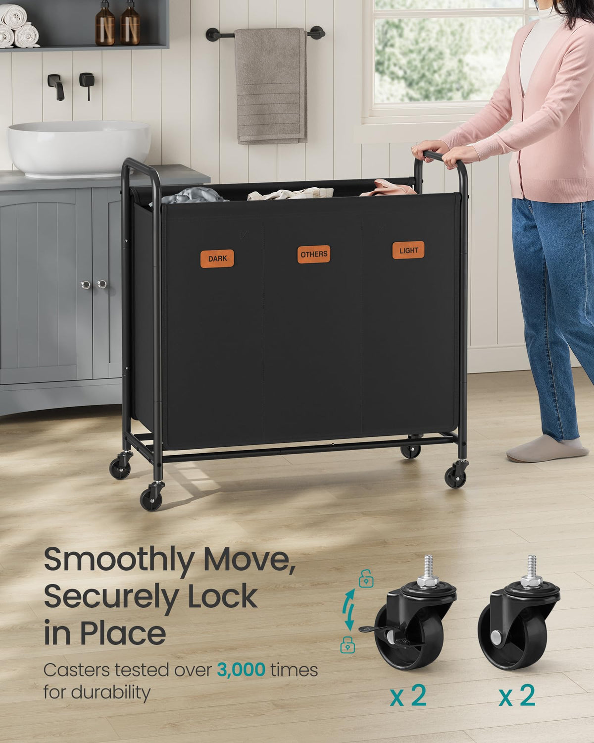 SONGMICS 3-Section Laundry Sorter, Laundry Hamper with Wheels, Rolling Clothes Hamper Cart with