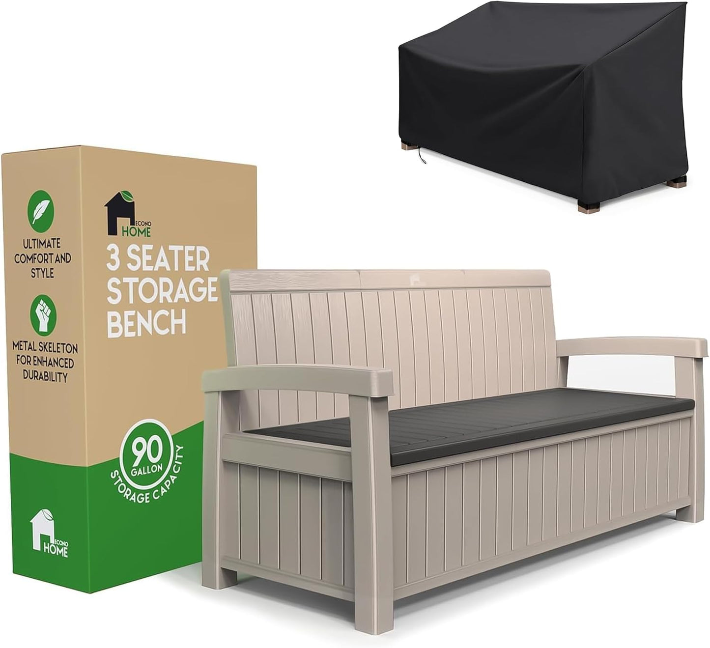 EconoHome 3 Seat Outdoor Storage Bench with Rain Cover - 90 Gallon Capacity - Weatherproof Resin