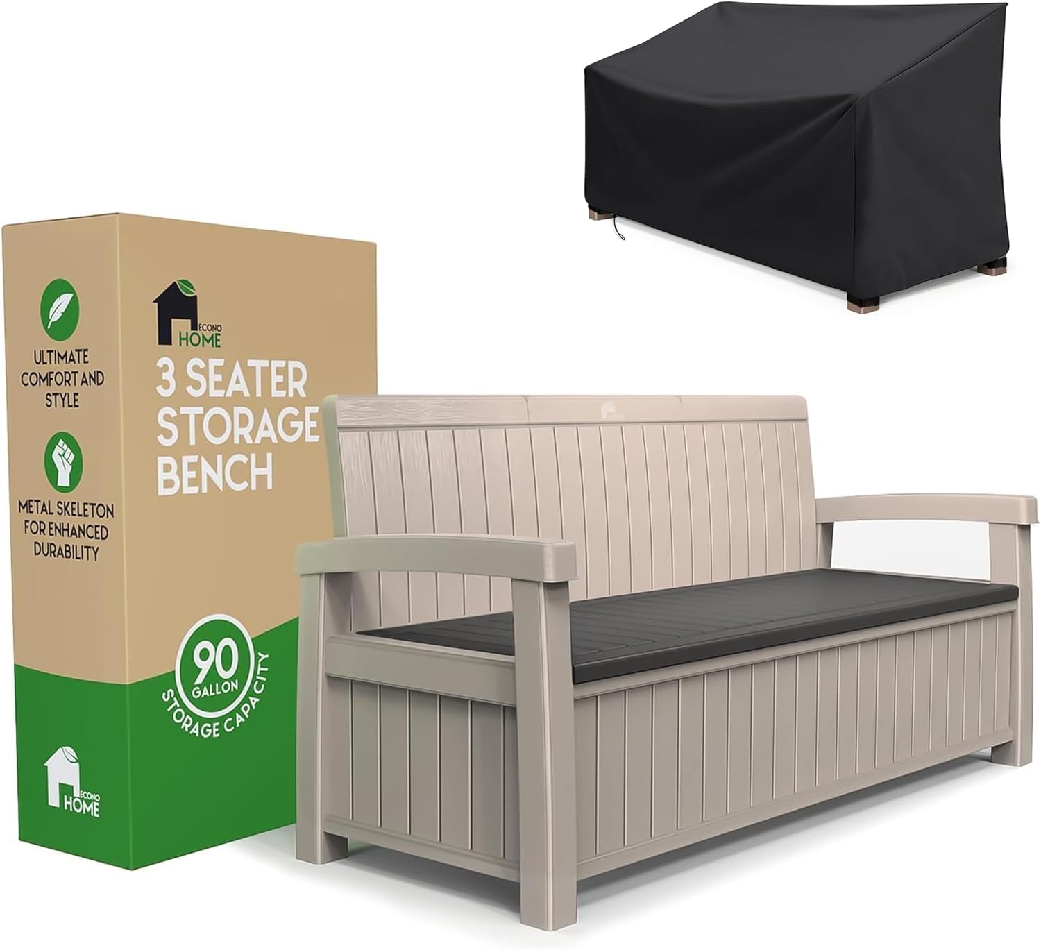 EconoHome 3 Seat Outdoor Storage Bench with Rain Cover - 90 Gallon Capacity - Weatherproof Resin