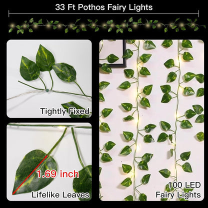 suddus Vine with Fairy Lights Battery Operated, 33ft100 LED Pothos String Lights with Remote, Leaf