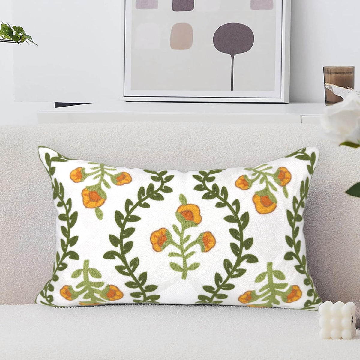 Alysheer Flower Embroidered Summer Decorative Lumbar Throw Pillow Cover 12"x 20", Farmhouse Cottage
