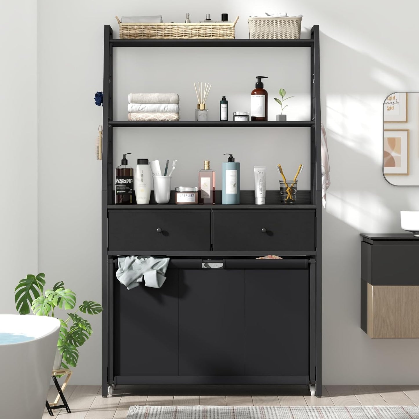 Laundry Hamper Laundry Basket with 3 Section Pull-Out Rolling Bags & 2-Tier Storage Shelf, Laundry