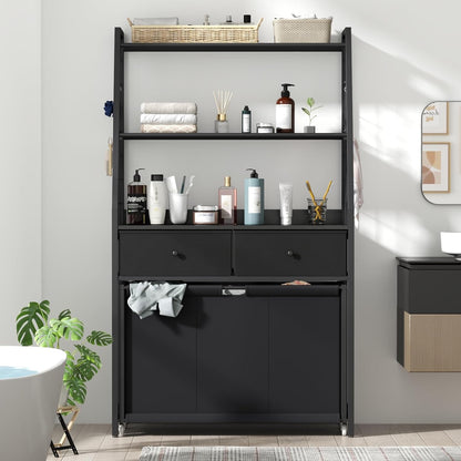 Laundry Hamper Laundry Basket with 3 Section Pull-Out Rolling Bags & 2-Tier Storage Shelf, Laundry