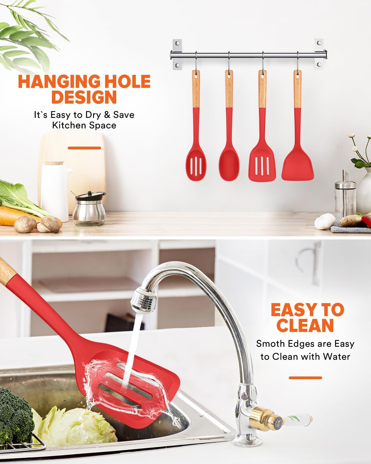 Silicone Cooking Utensils Set, Perfectly Angled for Frying, Mixing,Serving,Draining,Turning and