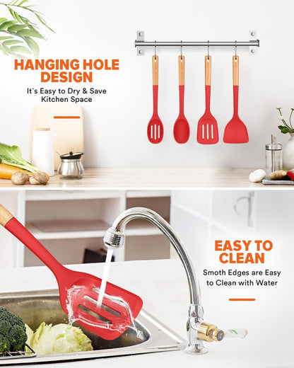 Silicone Cooking Utensils Set, Perfectly Angled for Frying, Mixing,Serving,Draining,Turning and