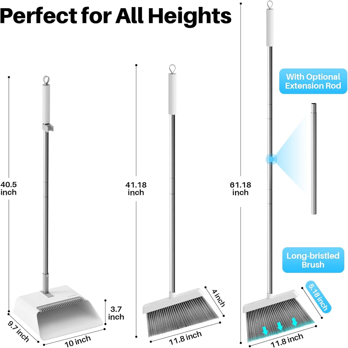 JOYMOOP White Broom and Dustpan Set, Upright Angle Design with Built-in Comb Teeth for Kitchen