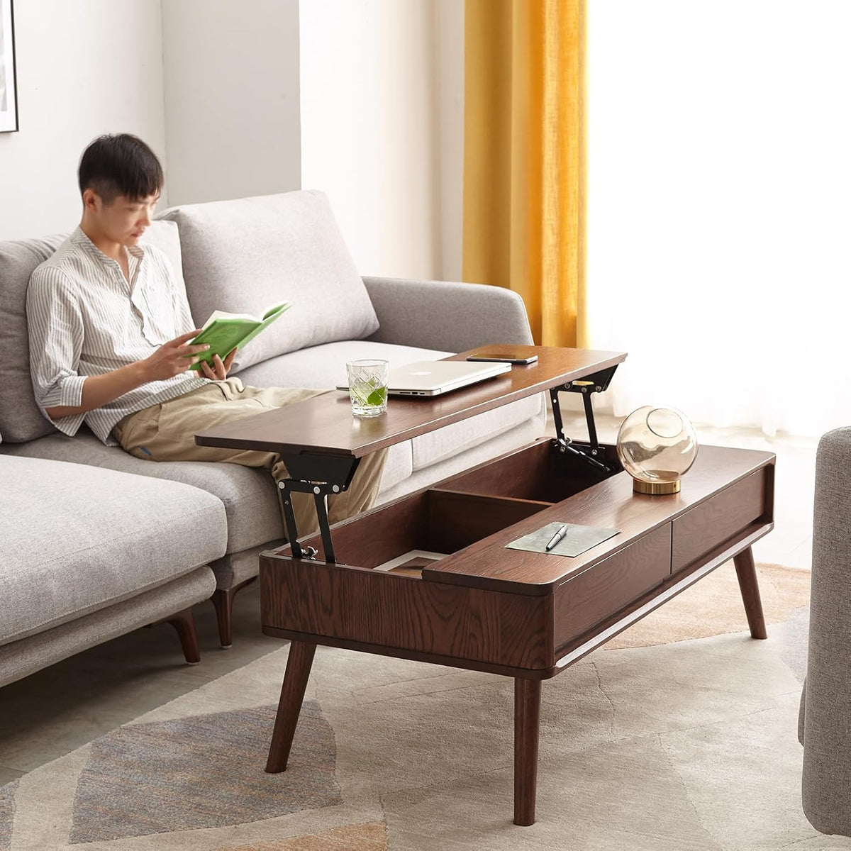 100% Solid Wood Lift Top Coffee Table for Living Room, Mid Century Modern Tables with Drawers and