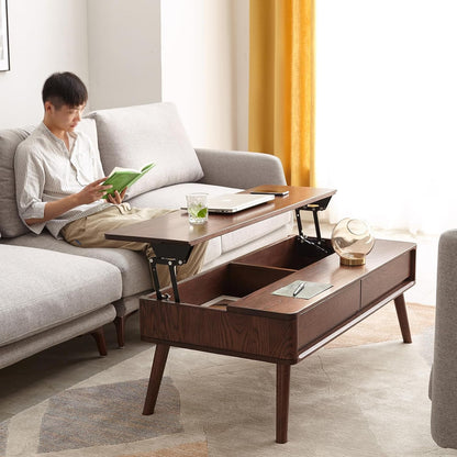 100% Solid Wood Lift Top Coffee Table for Living Room, Mid Century Modern Tables with Drawers and