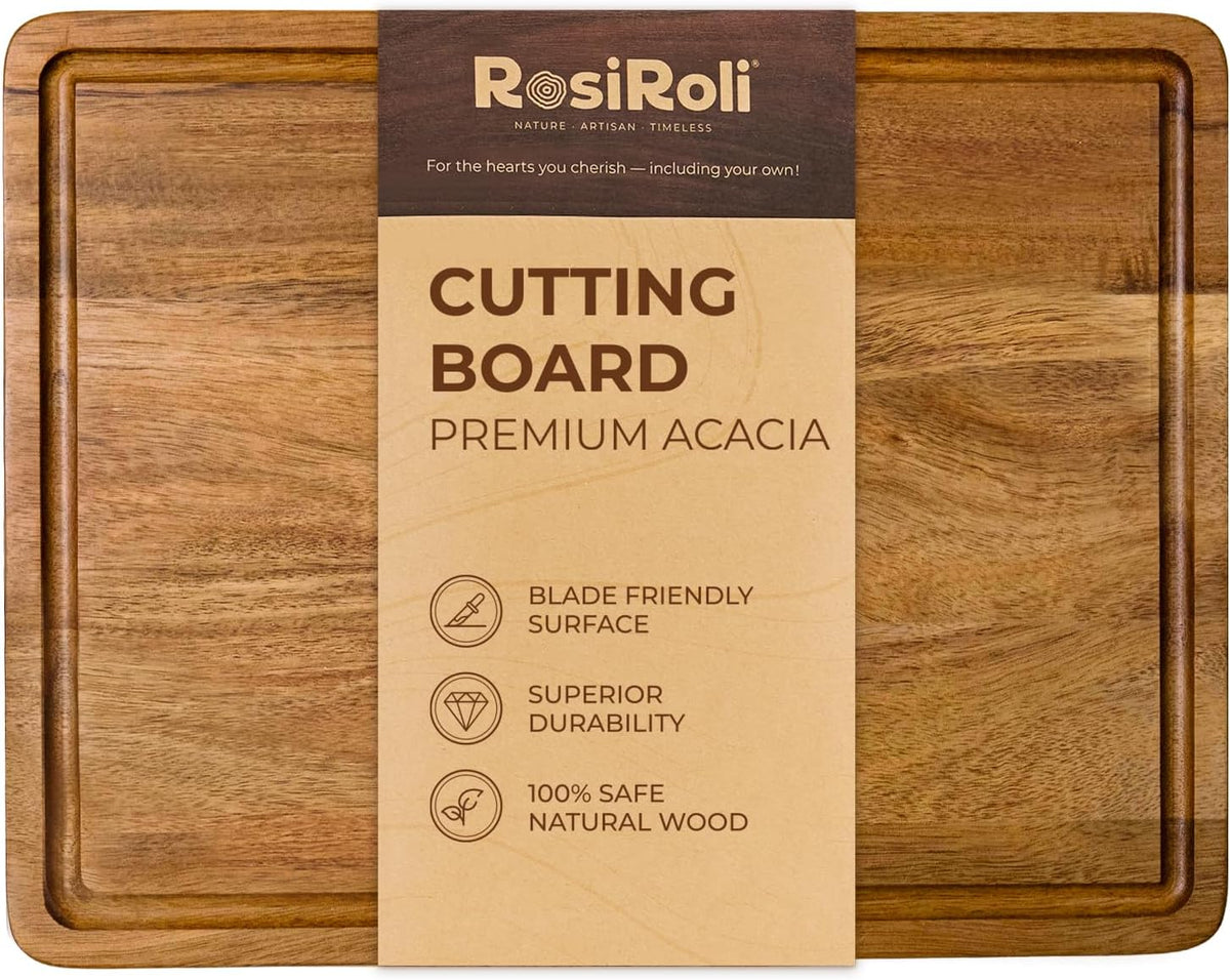 Acacia Wood Cutting Board for Kitchen - 0.8 inch Thick Wood Charcuterie Cheese Board with Side