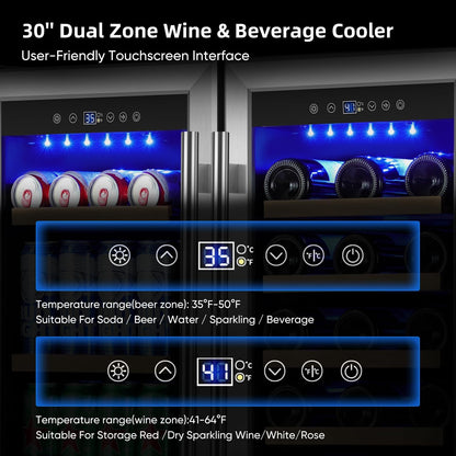 Wine and Beverage Refrigerator 30 Inch, Beverage Fridge Dual Zone with Upgraded Cooling, Wine