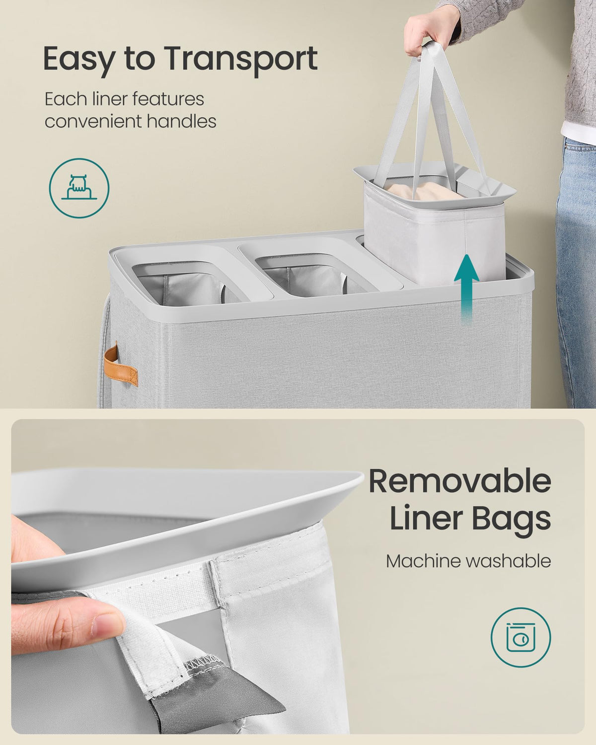 SONGMICS Laundry Basket, 50.2 Gal. Laundry Hamper, 3 Compartments, Easy Assembly, with Lid and
