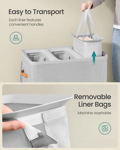 SONGMICS Laundry Basket, 50.2 Gal. Laundry Hamper, 3 Compartments, Easy Assembly, with Lid and