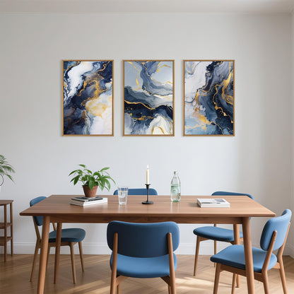 Blue and Gold Framed Canvas Wall Art Set, Mid-Century Modern Abstract Wall Decor, Navy Blue Ink