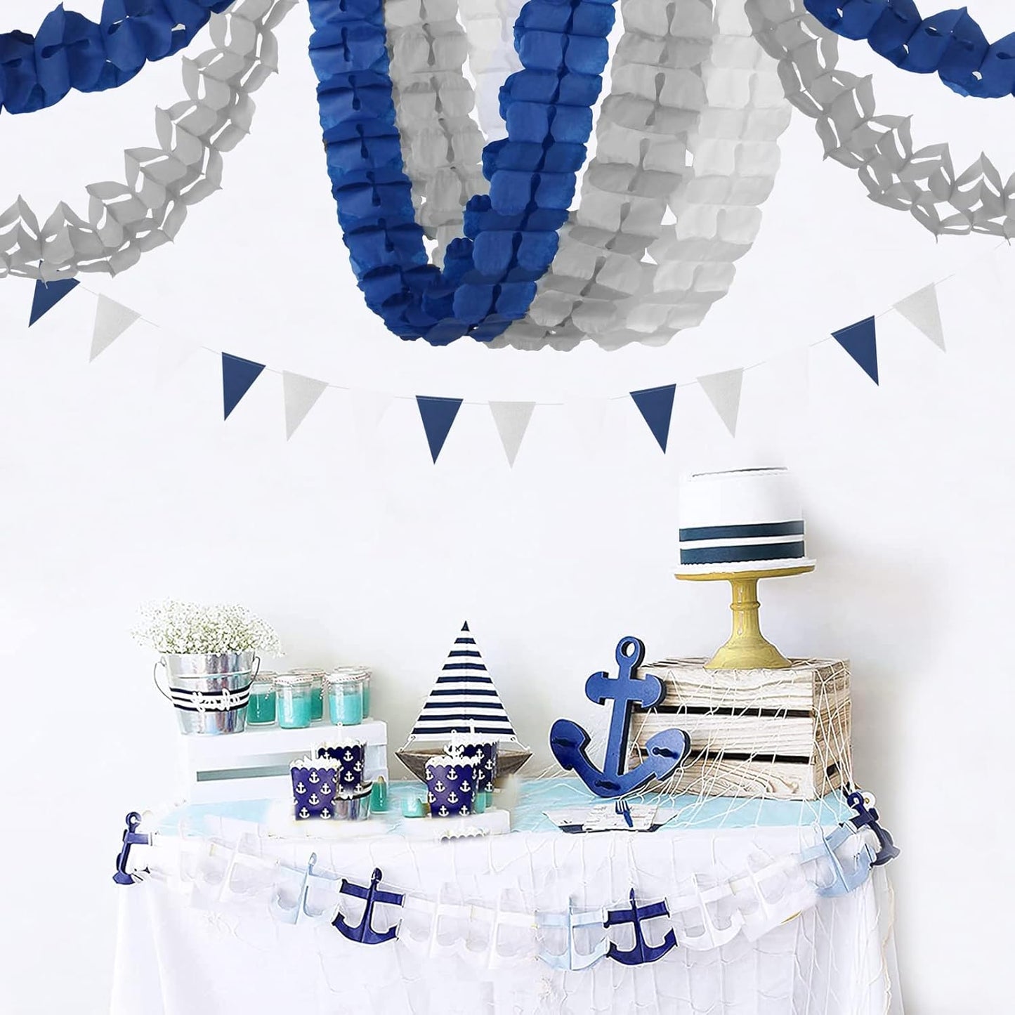Navy-Blue White-Silver Party-Decorations Streamers Garland - 12pcs Royal Graduation 2025 4-Leaf