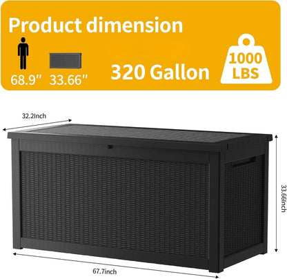 320 Gallon Resin Deck Box, Waterproof Outdoor Storage Bin for Patio Furniture, Pool Accessories