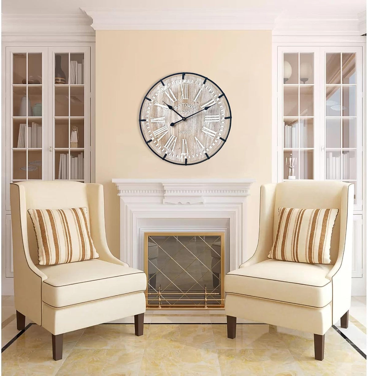 24 Inch Large Farmhouse Wall Clock, Rustic Antique Wood with Metal Circle and Large Engraved