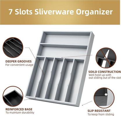 Silverware Organizer 13 Inch Gray Bamboo Kitchen Drawer Organizer 7 Slots Utensil Organizer