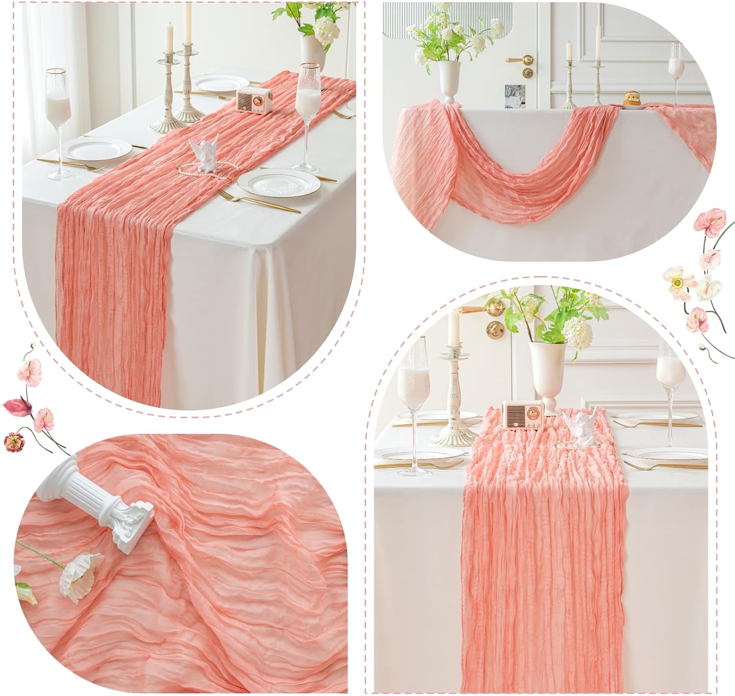 Sioloc 1 Pack Peach Coral Cheesecloth Table Runner Fall Autumn Decor for Home 10ft Table Cloth for