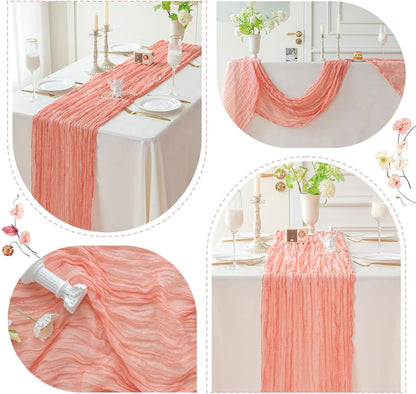 Sioloc 1 Pack Peach Coral Cheesecloth Table Runner Fall Autumn Decor for Home 10ft Table Cloth for