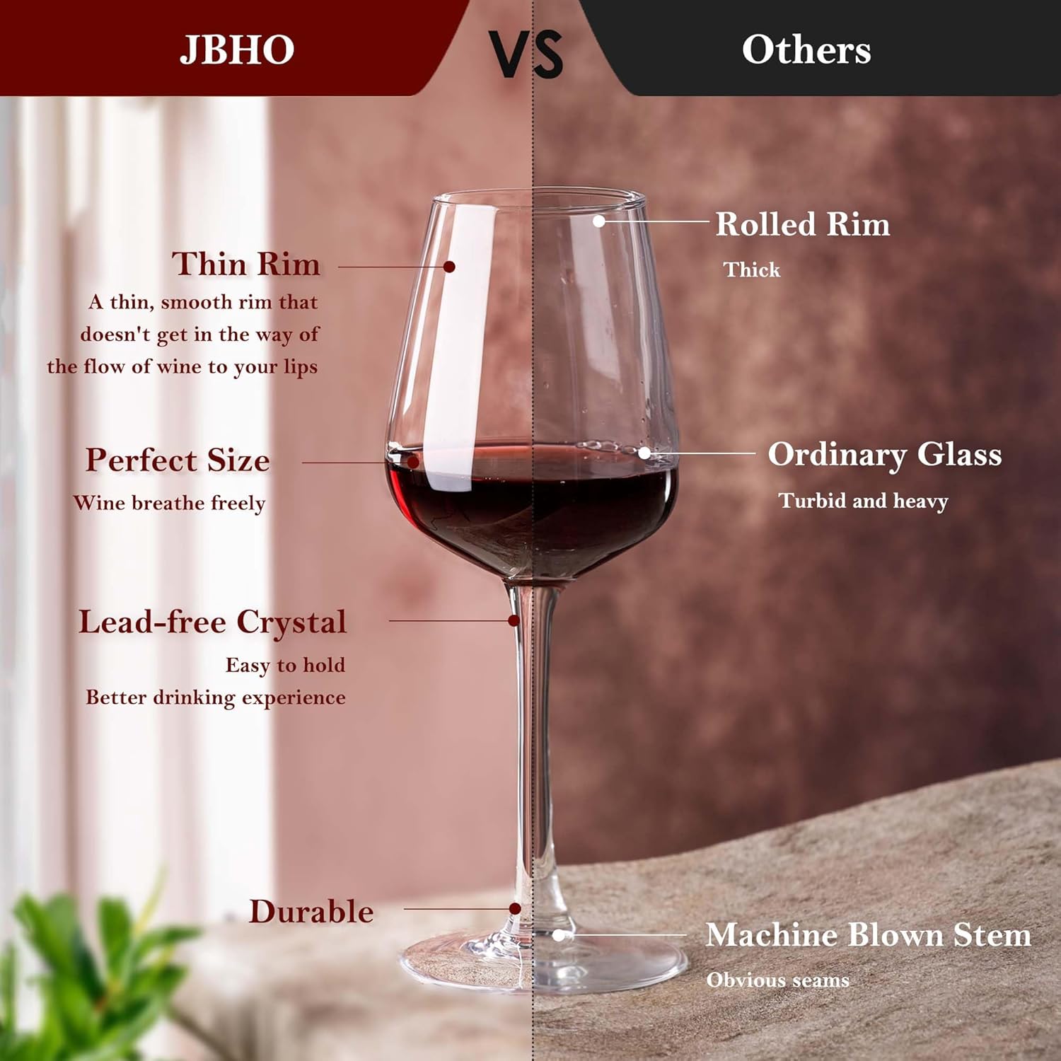 JBHO Hand Blown Italian Style Crystal Bordeaux Wine Glasses - Great Gift Packaging - Red Wine