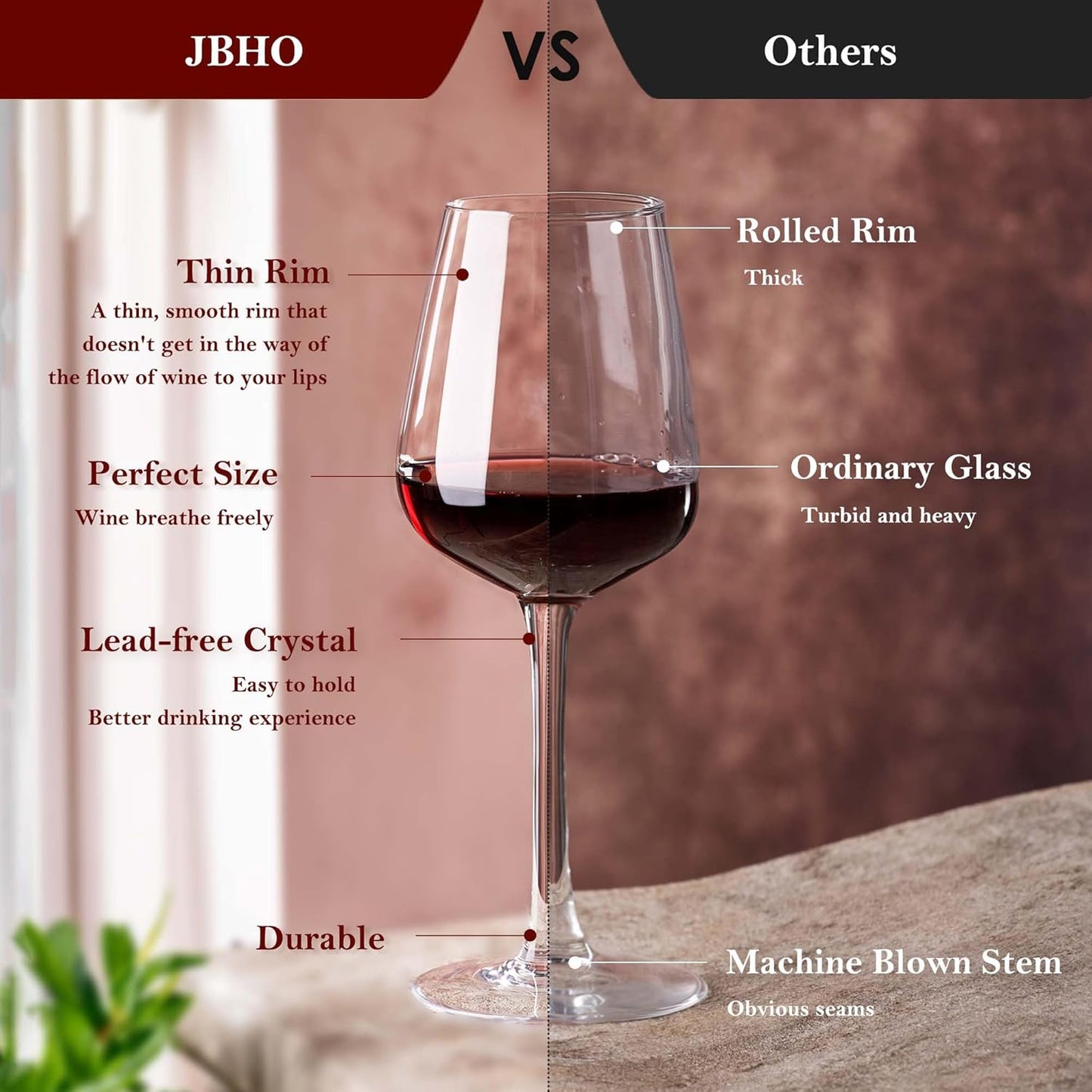 JBHO Hand Blown Bordeaux Wine Glasses - Set of 6-18 Ounce - Great Gift Packaging - Red Wine Glasses