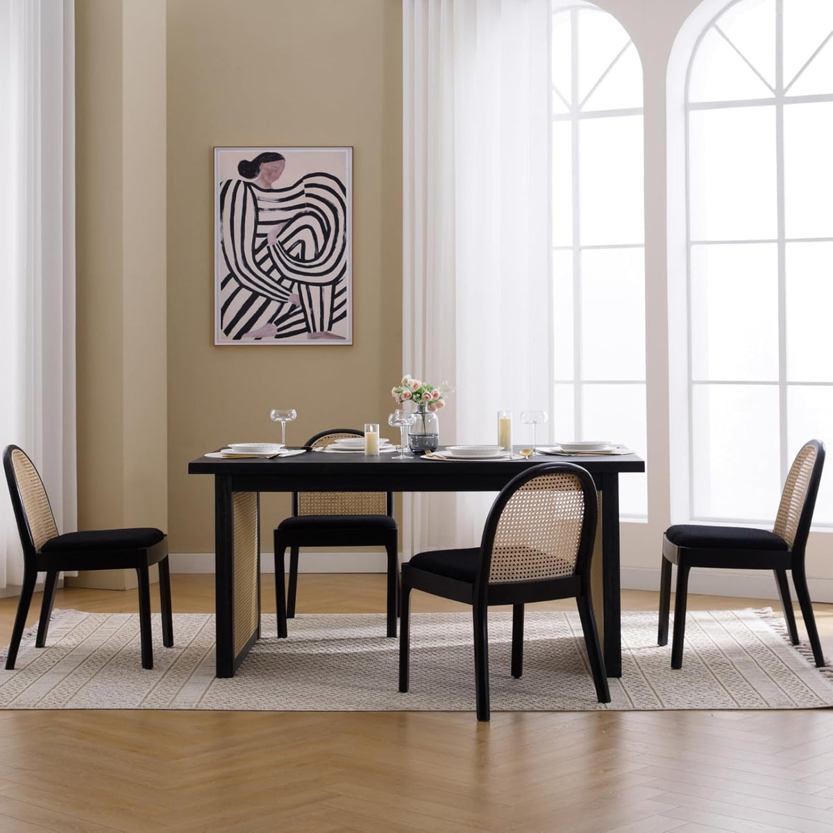 Mid Century Dining Chairs Set of 2, Accent Rattan Sherpa Fabric Side Chairs Kitchen Chair with