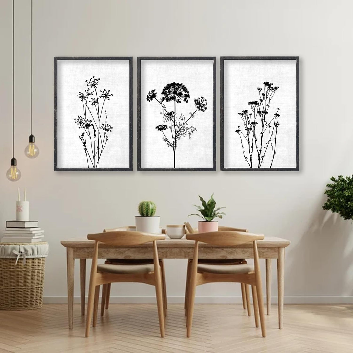 Flower Plant Wall Art Decor 16"x11" Set of 3 Black And White Botanical Painting Wood Framed For